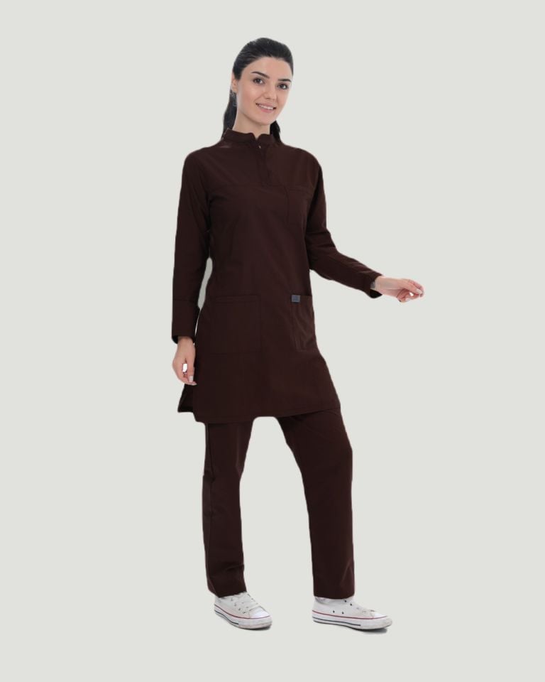 TERİKOTON (İNCE KUMAŞ) TESETTÜR CERRAHİ UNİFORMA TAKIM XS - Kahverengi