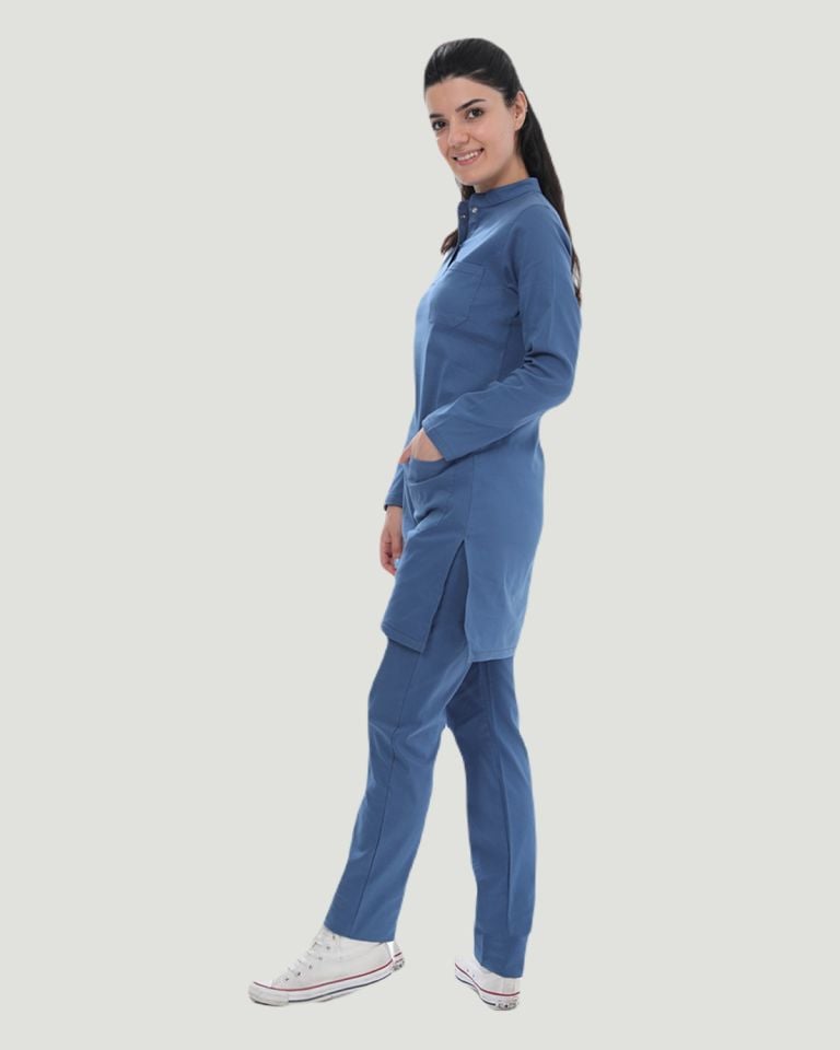 TERİKOTON (İNCE KUMAŞ) TESETTÜR CERRAHİ UNİFORMA TAKIM Indigo - L
