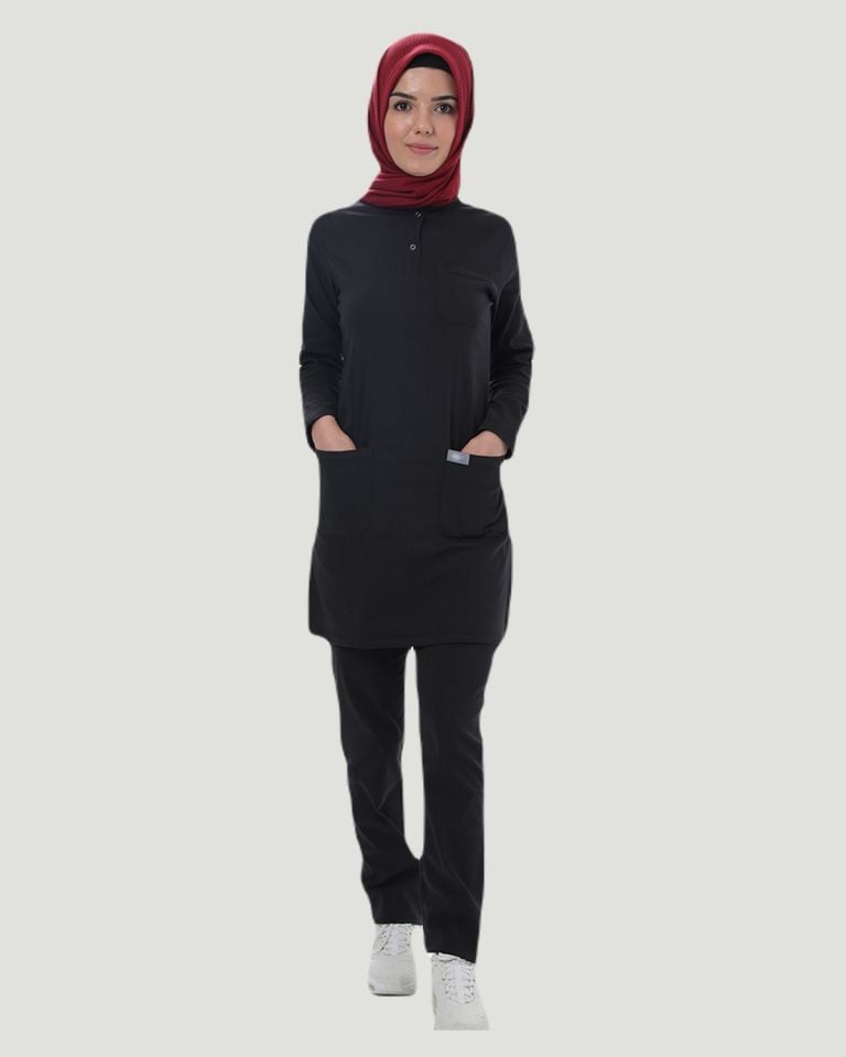 TERİKOTON (İNCE KUMAŞ) TESETTÜR CERRAHİ UNİFORMA TAKIM Siyah - XL