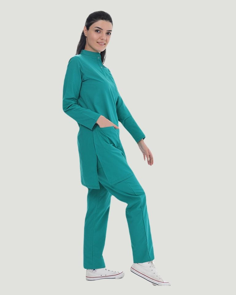 TERİKOTON (İNCE KUMAŞ) TESETTÜR CERRAHİ UNİFORMA TAKIM XL - Benetton Yeşil