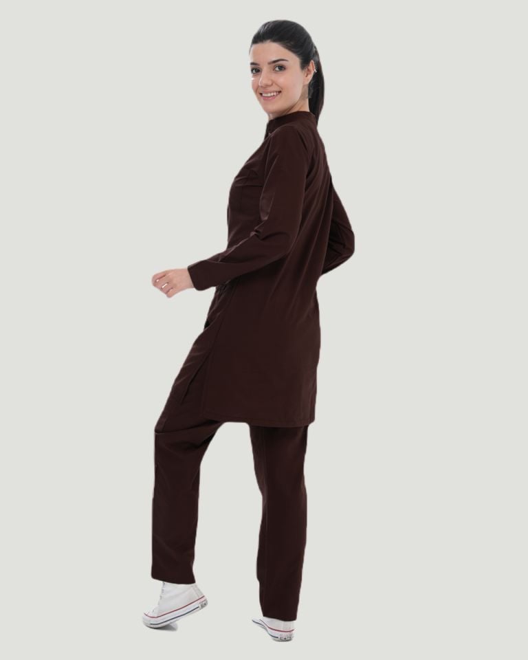TERİKOTON (İNCE KUMAŞ) TESETTÜR CERRAHİ UNİFORMA TAKIM XXL - Kahverengi