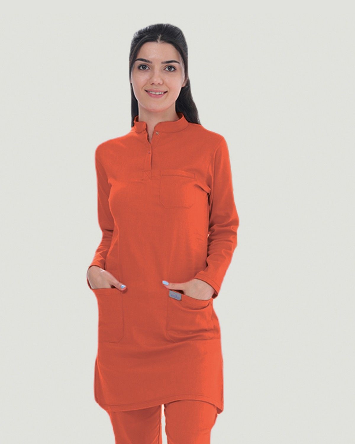 TERİKOTON (İNCE KUMAŞ) TESETTÜR CERRAHİ UNİFORMA TAKIM XS - Yanık Turuncu