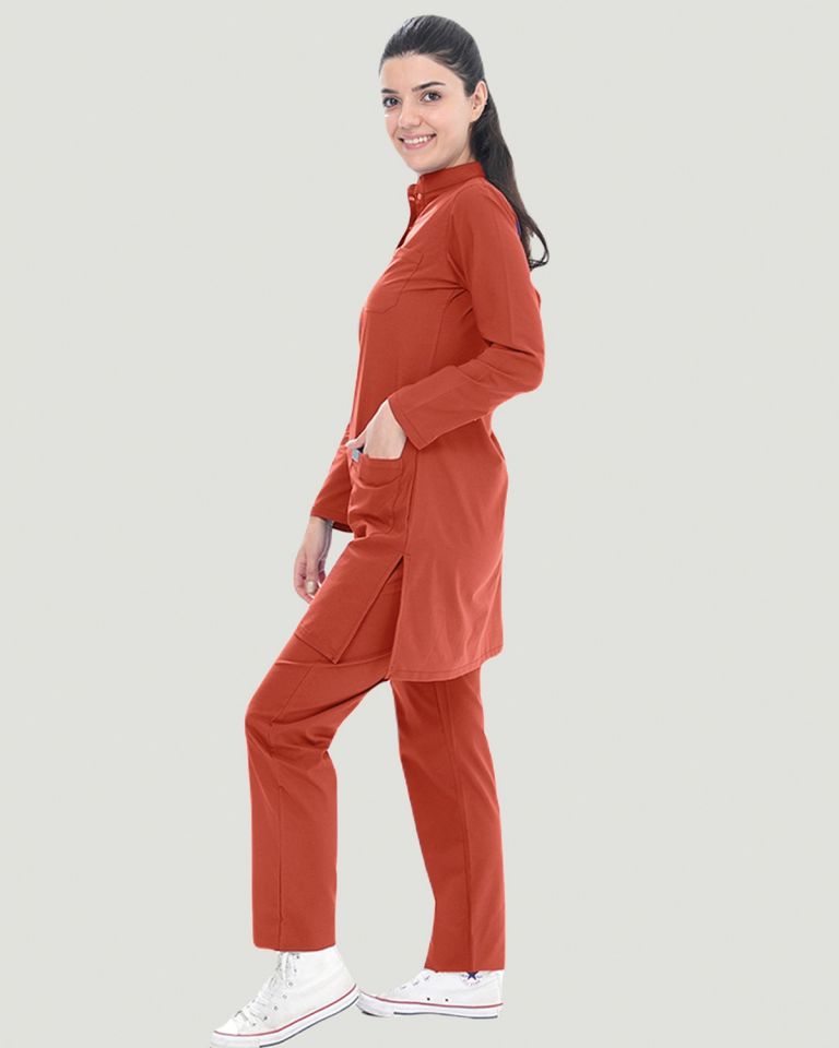 TERİKOTON (İNCE KUMAŞ) TESETTÜR CERRAHİ UNİFORMA TAKIM XS - Yanık Turuncu
