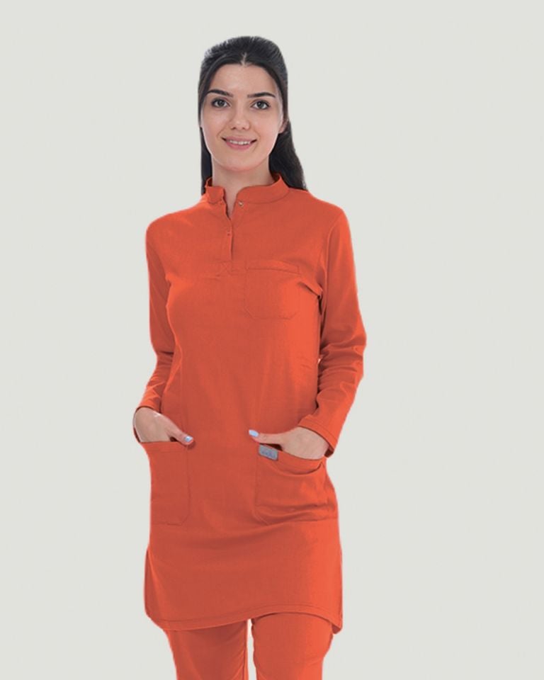 TERİKOTON (İNCE KUMAŞ) TESETTÜR CERRAHİ UNİFORMA TAKIM XL - Yanık Turuncu